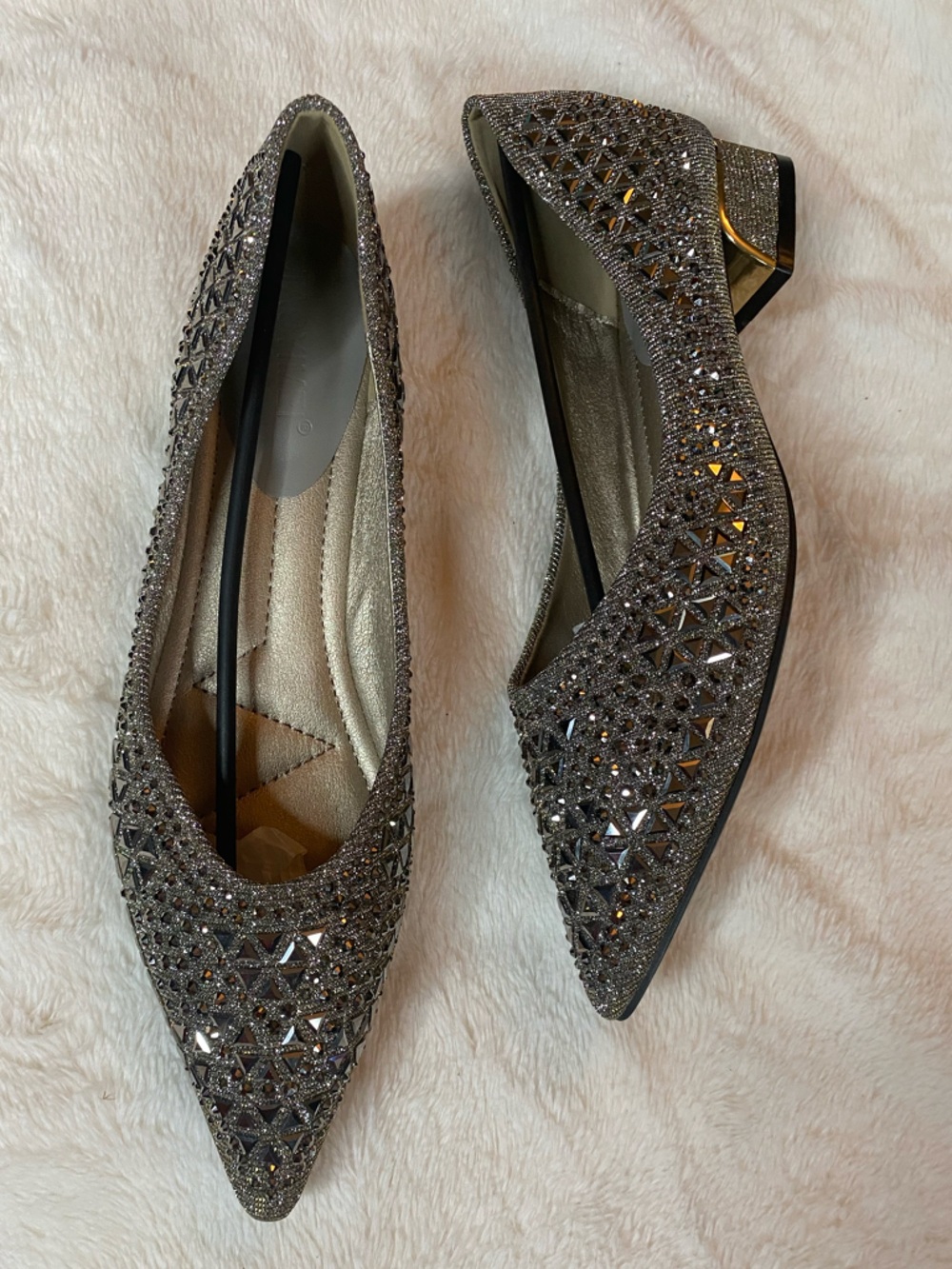 Crystal-Embellished Pointed Toe Flats in Metallic Gray